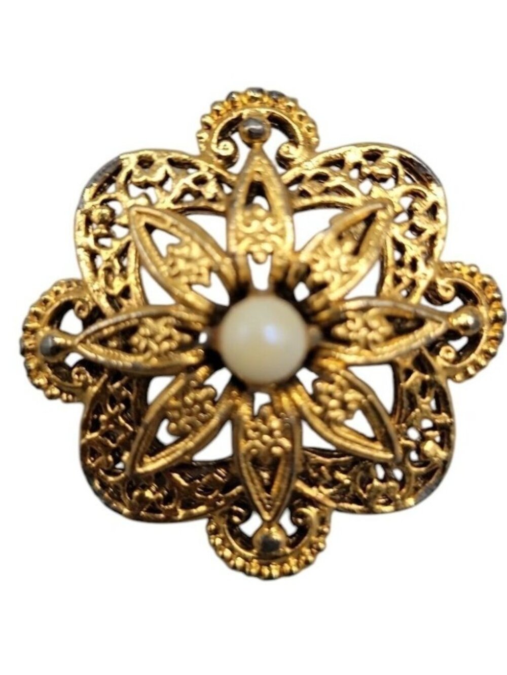 Tacoa Signed Brooch Gold Tone Filigree Flower Center Pearl Vintage Signed